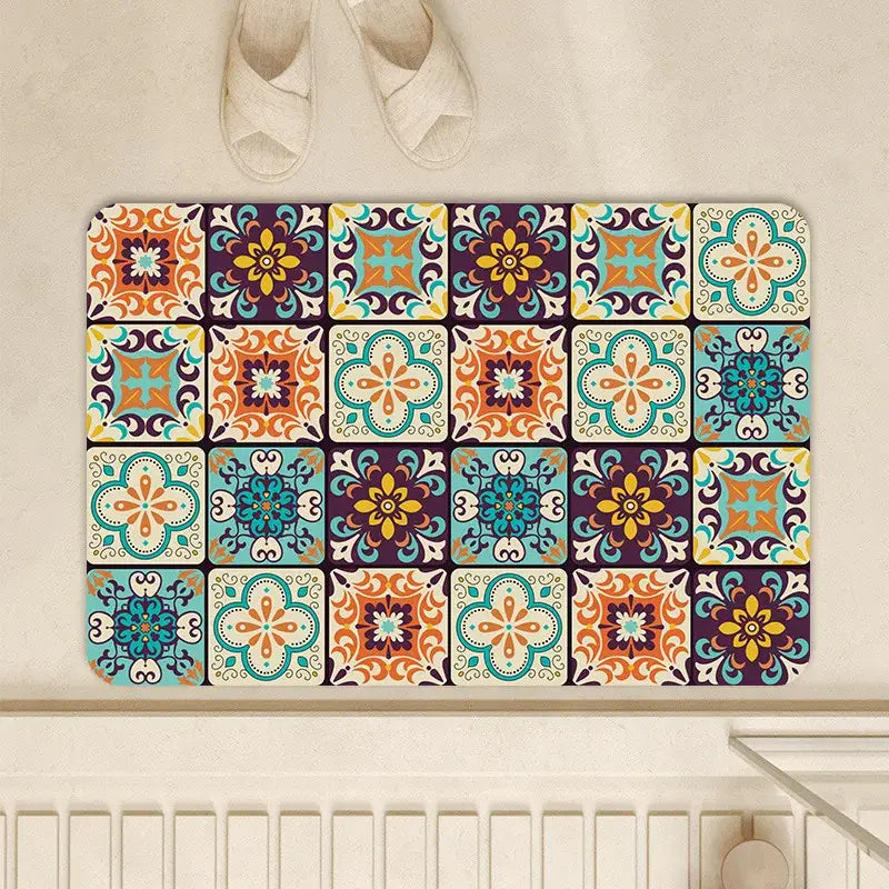 Vintage beige and cream absorbent bathroom mat with diatom ooze featuring vibrant teal orange floral and geometric patterns