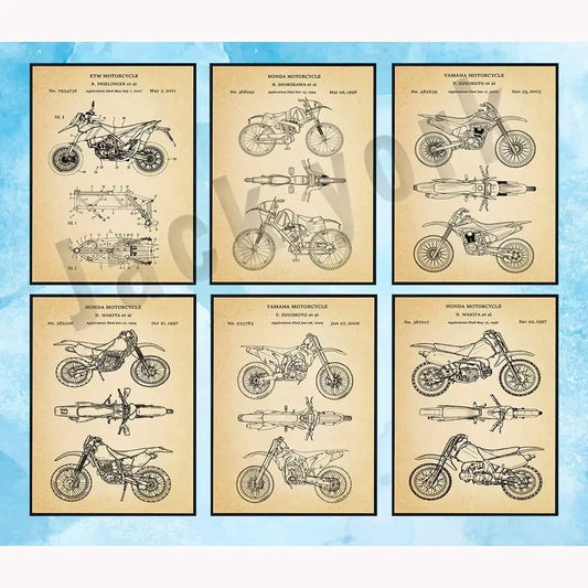 Set of six vintage beige dirt bike patent posters featuring ktm honda and yamaha designs for decorbites dirt bike decor