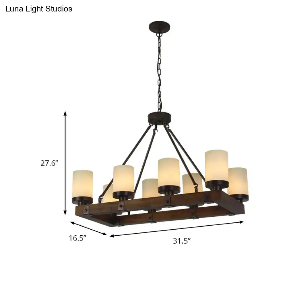 Dark bronze vintage beige light fixture with wooden frame and eight warm glass shades for dining room chandelier