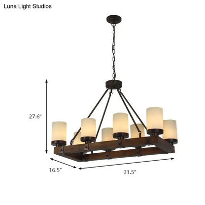 Dark bronze vintage beige light fixture with wooden frame and eight warm glass shades for dining room chandelier
