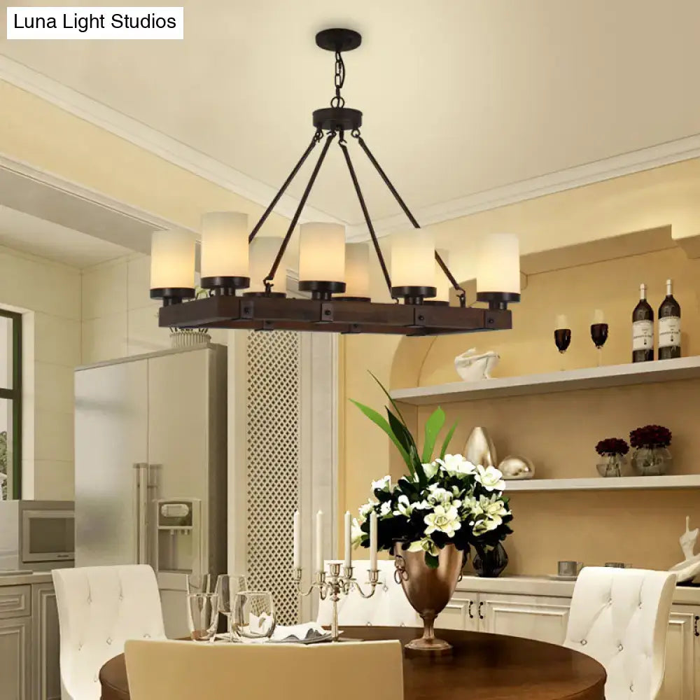 Black wrought iron dining room light fixture with six frosted shades vintage beige glass and wood chandelier