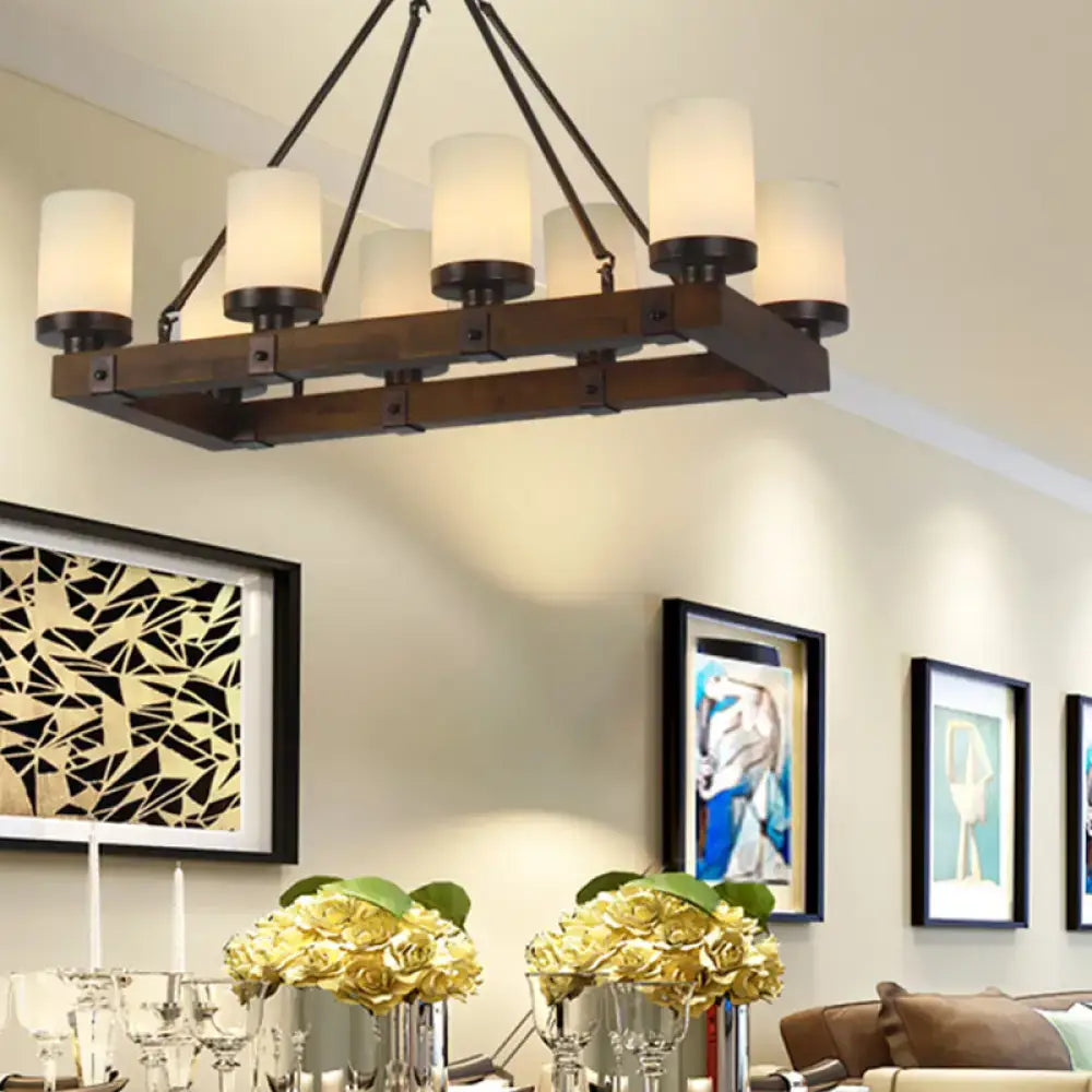 Vintage beige glass and dark wood light fixture with six frosted shades for dining room chandelier lighting