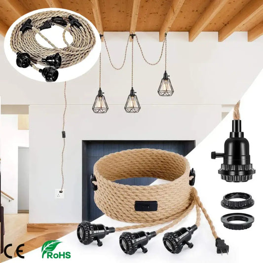 Coiled beige hemp rope pendant light cord with black metal sockets for vintage dining room lighting kit