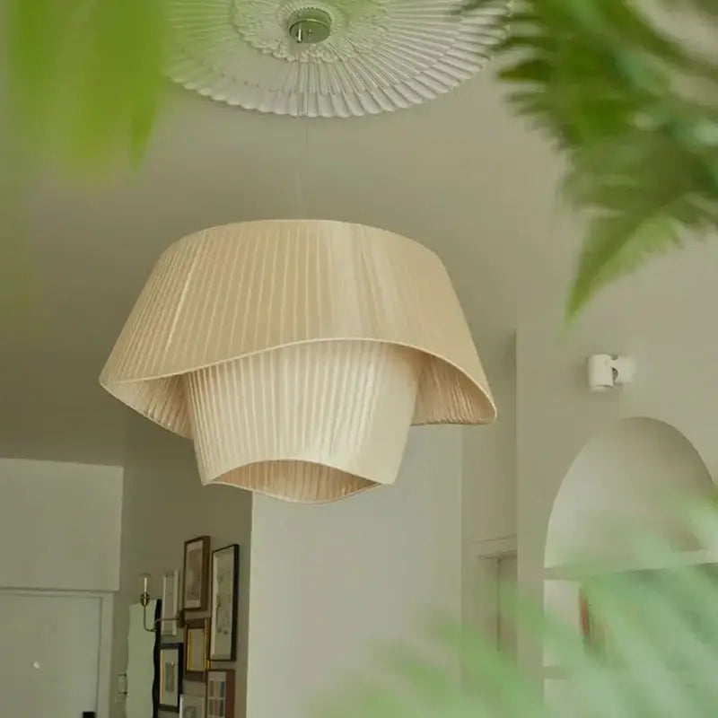Vintage beige pleated pendant chandelier with cream wind fabric and layered flowing design for bedroom decorbites cream wind