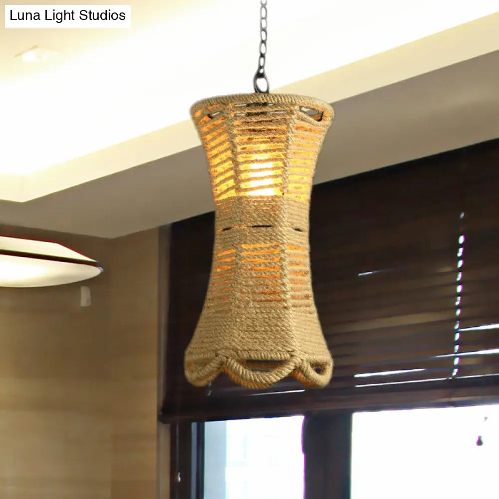 Vintage Beige Radian Pendant Lamp: Hand-Woven, 1-Head, Restaurant Hanging Light Fixture with Rope