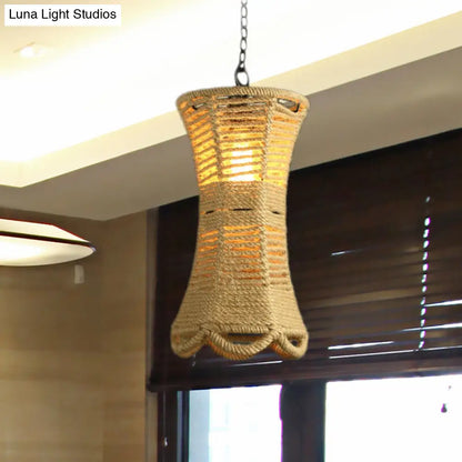 Vintage Beige Radian Pendant Lamp: Hand-Woven, 1-Head, Restaurant Hanging Light Fixture with Rope