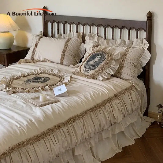 Beige ruffled bedding set with vintage portrait embroidery and gold-toned trim featuring decorbites french lace ruffles