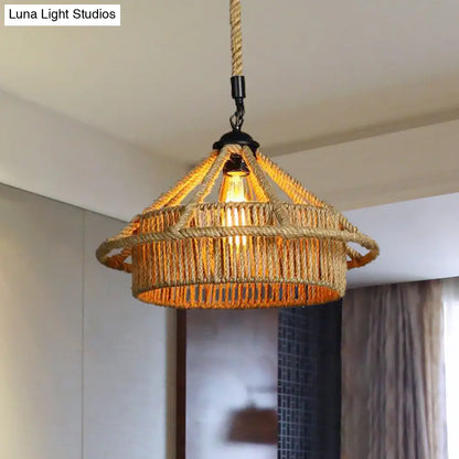 Vintage Beige Straw Hat Shape Rope Ceiling Pendant Light - Coffee Shop Hanging Lamp