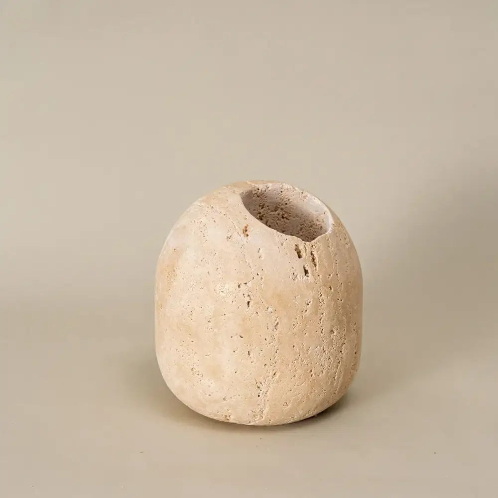 Beige travertine match holder with textured stone and rounded organic shape for vintage living room decorbites beige travertine