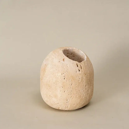 Beige travertine match holder with textured stone and rounded organic shape for vintage living room decorbites beige travertine