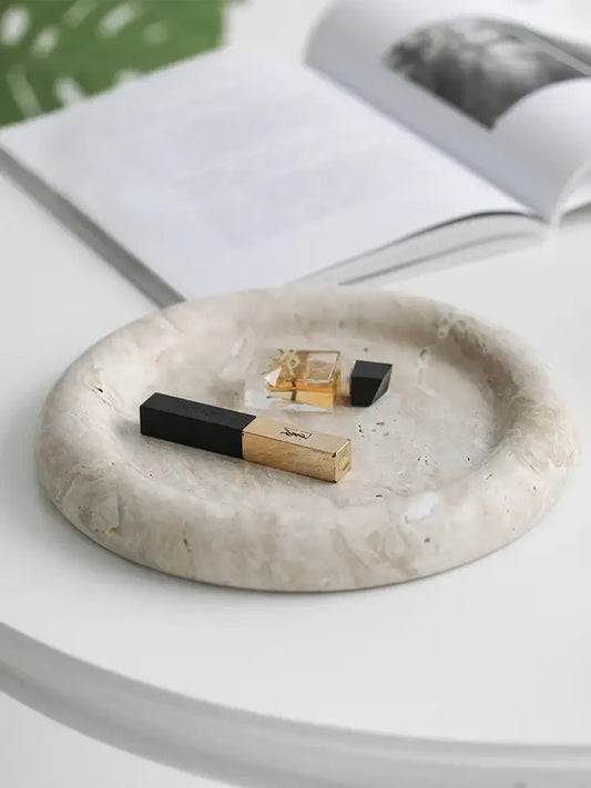 Beige travertine serving tray with textured stone finish holding ysl lipstick and perfume for bedroom vanity decorbites beige travertine