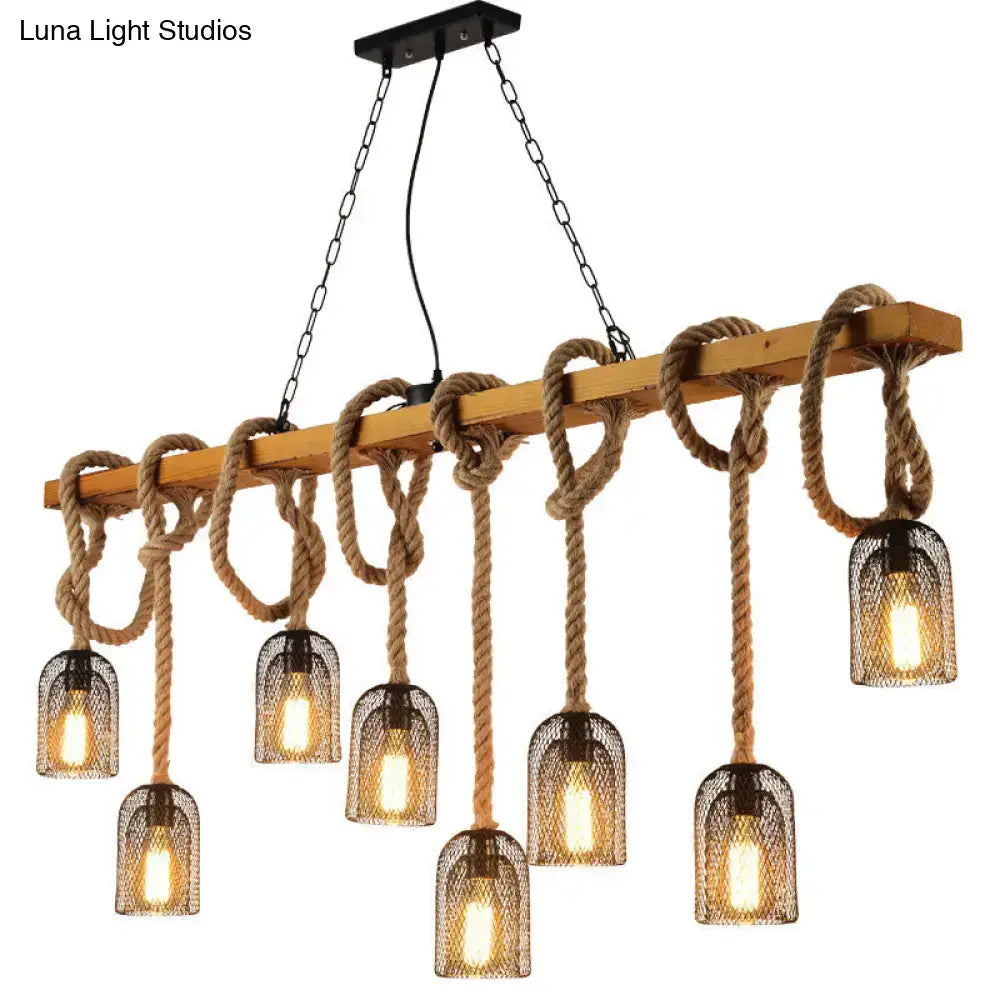 Vintage beige wooden beam chandelier featuring rustic industrial design with natural rope knots and metal mesh shades ideal for kitchen islands