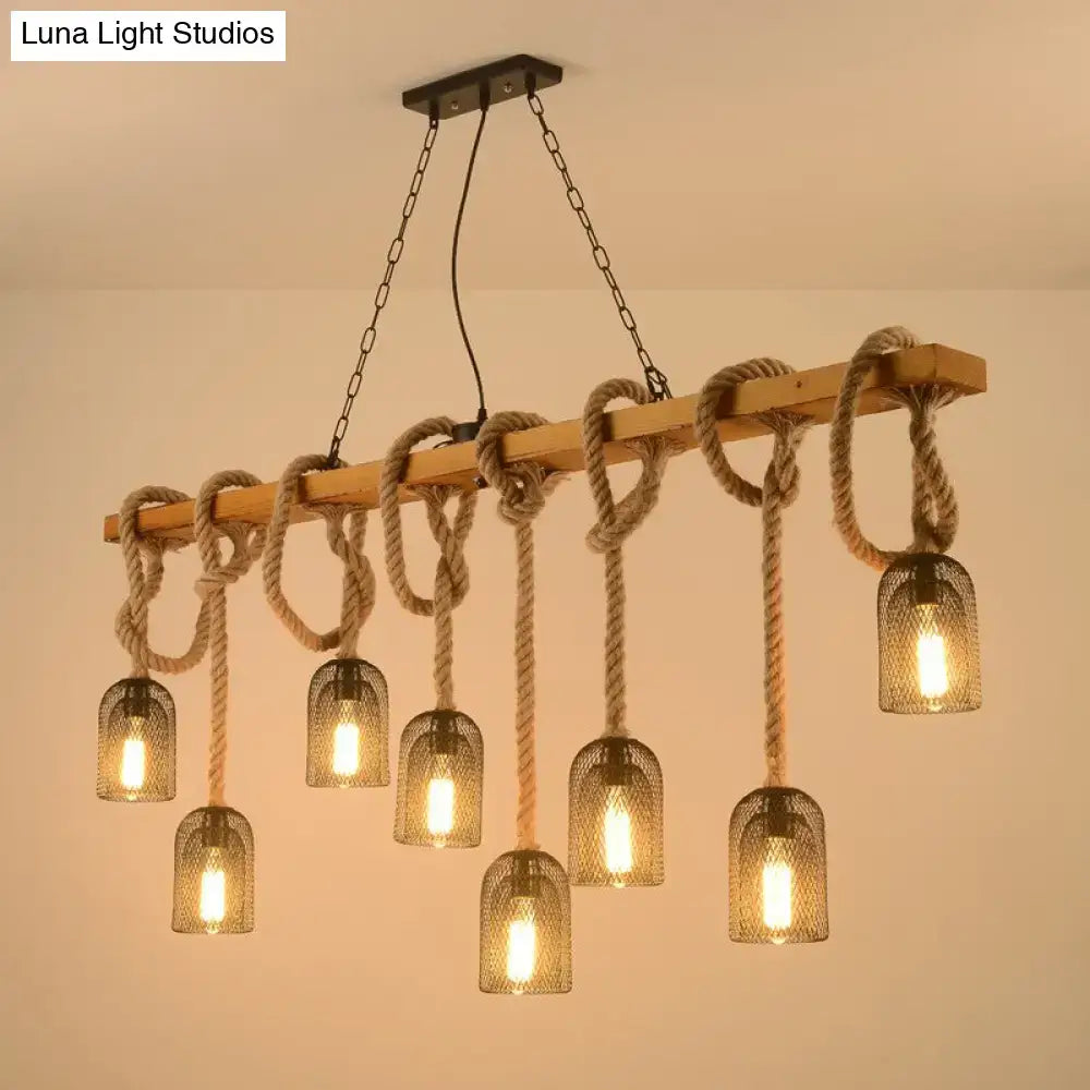 Vintage beige wooden beam chandelier featuring thick beige rope knots and metal mesh pendant shades for kitchen island lighting