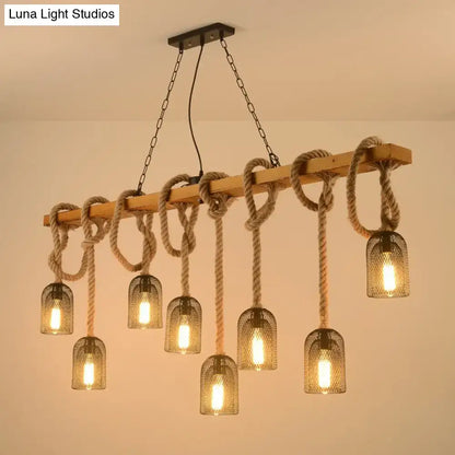 Vintage beige wooden beam chandelier featuring thick beige rope knots and metal mesh pendant shades for kitchen island lighting