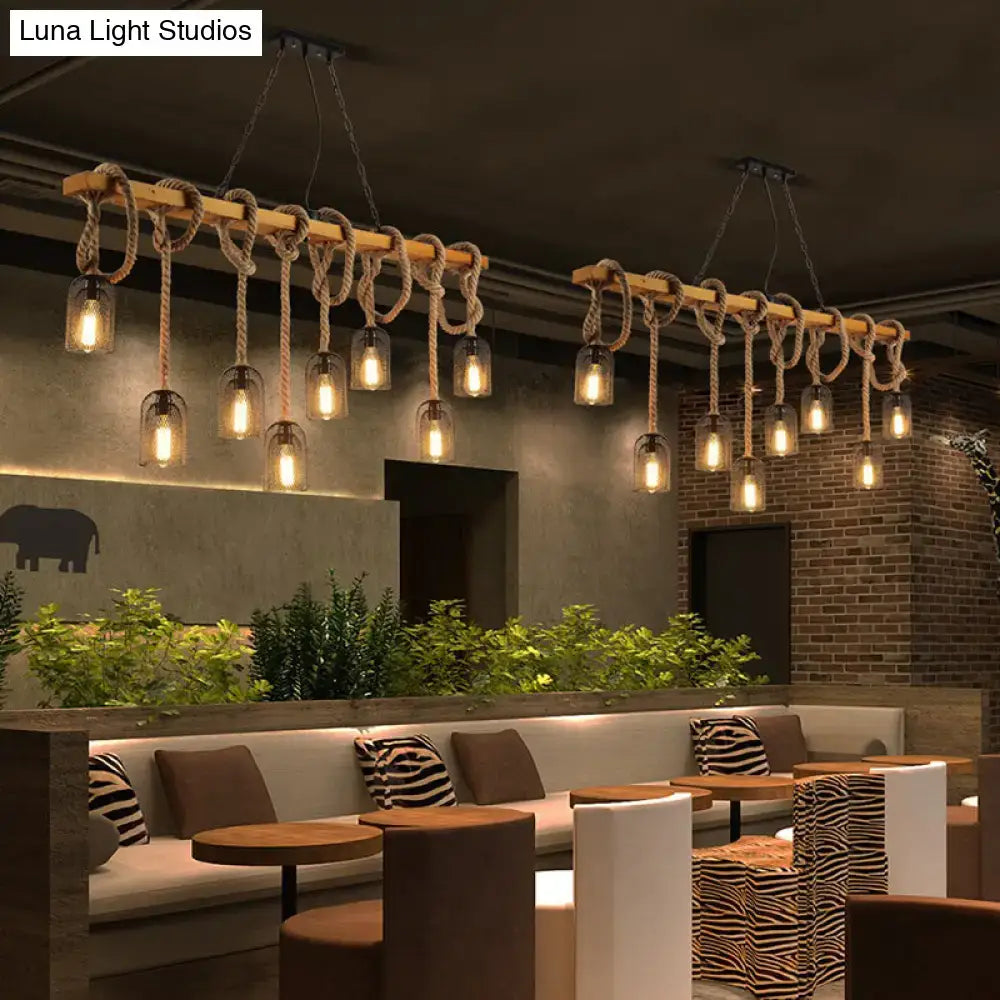 Vintage beige wooden beam chandelier featuring rustic thick rope and glass bulbs for kitchen island pendant lighting