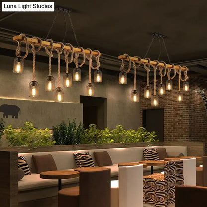 Vintage beige wooden beam chandelier featuring rustic thick rope and glass bulbs for kitchen island pendant lighting