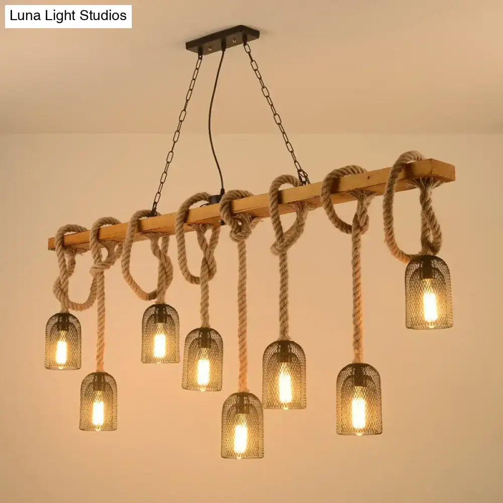 Rustic beige wooden beam chandelier with thick rope knots and metal mesh pendant lights for kitchen island lighting