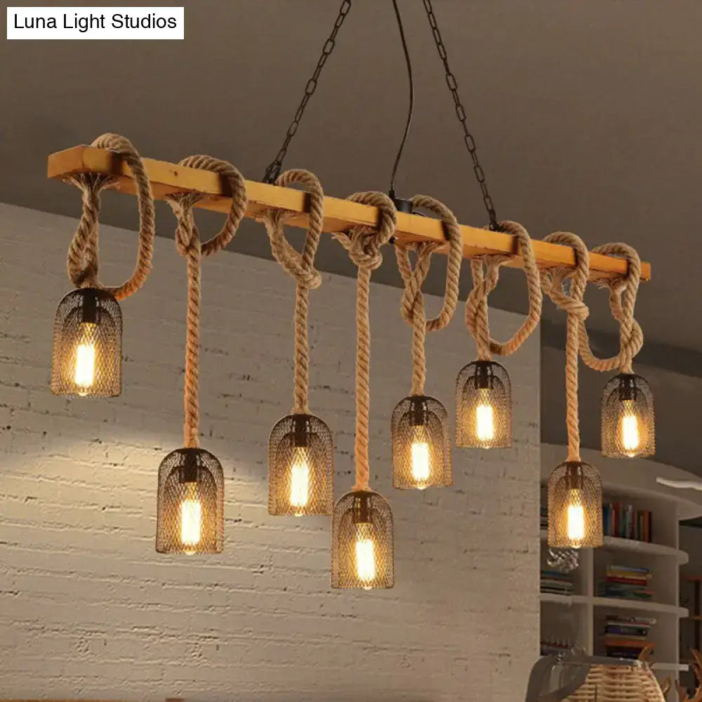 Vintage beige wooden beam chandelier with thick beige rope knots and metal mesh shades for kitchen island pendant light