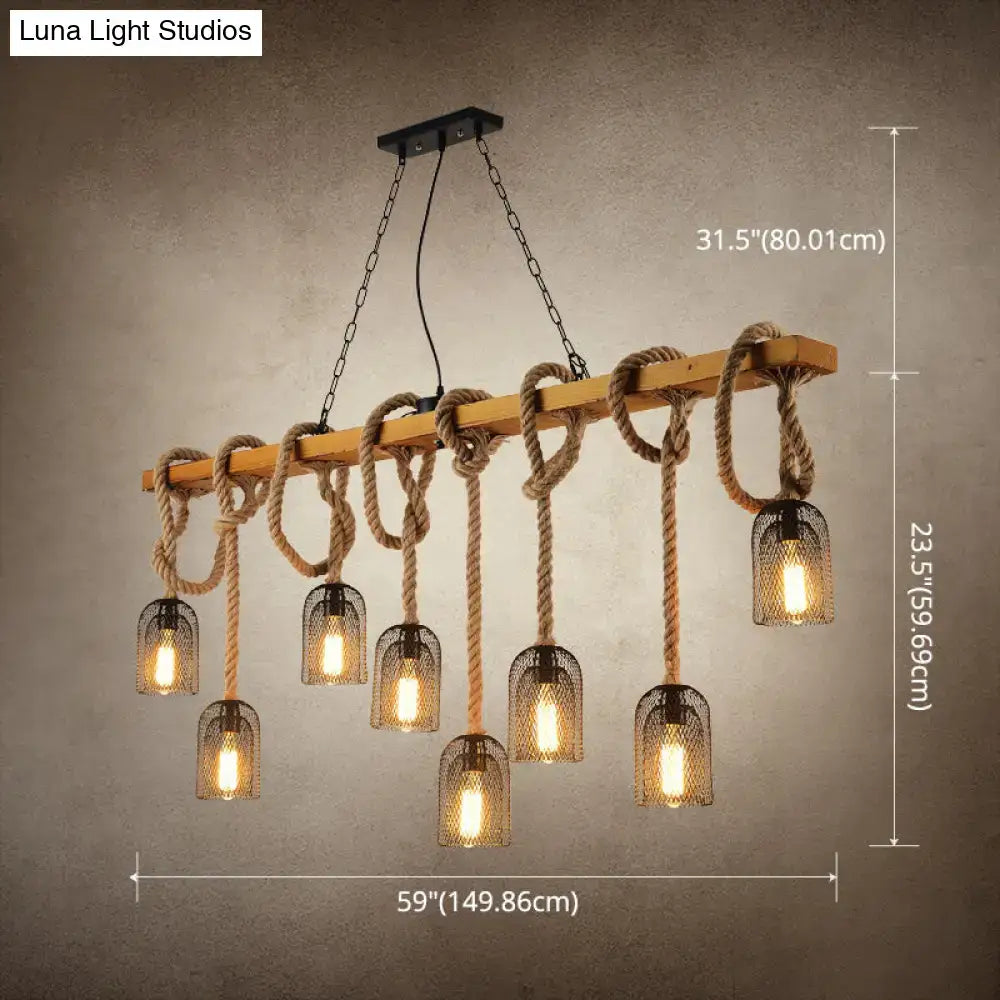 Vintage beige wooden beam chandelier with industrial hanging ropes and warm glass lanterns for kitchen island lighting