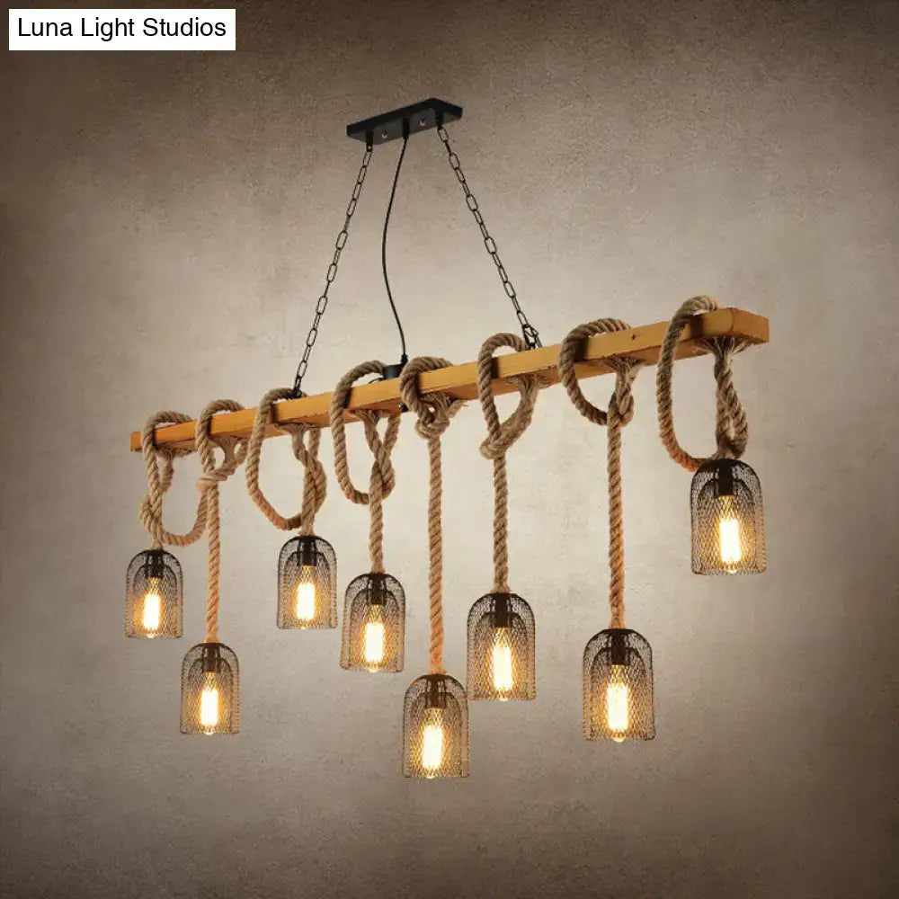 Vintage beige wooden beam chandelier with black mesh lampshades, thick rope knots, and chains for kitchen island lighting