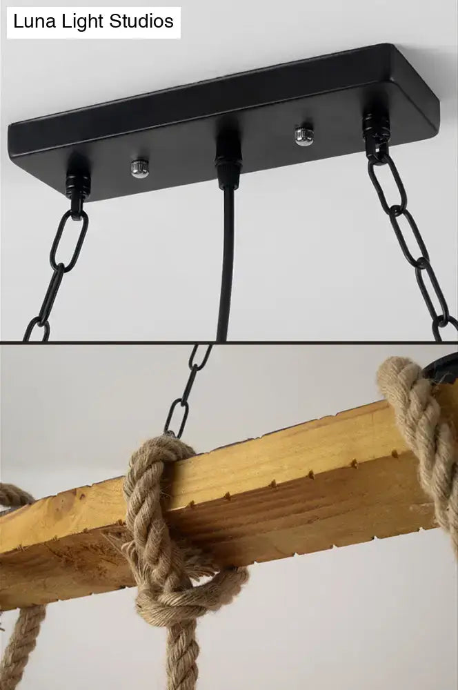 Black metal rectangular ceiling fixture with chain and rope accents vintage beige wooden beam chandelier for kitchen island