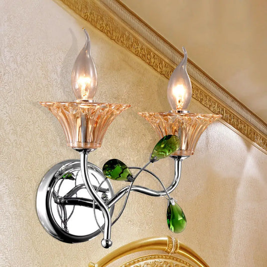 DecorBites™ DecorBites™ Vintage Bell Amber Glass Sconce Lamp - Stylish Chrome Wall Light with Green Teardrop Crystal Deco