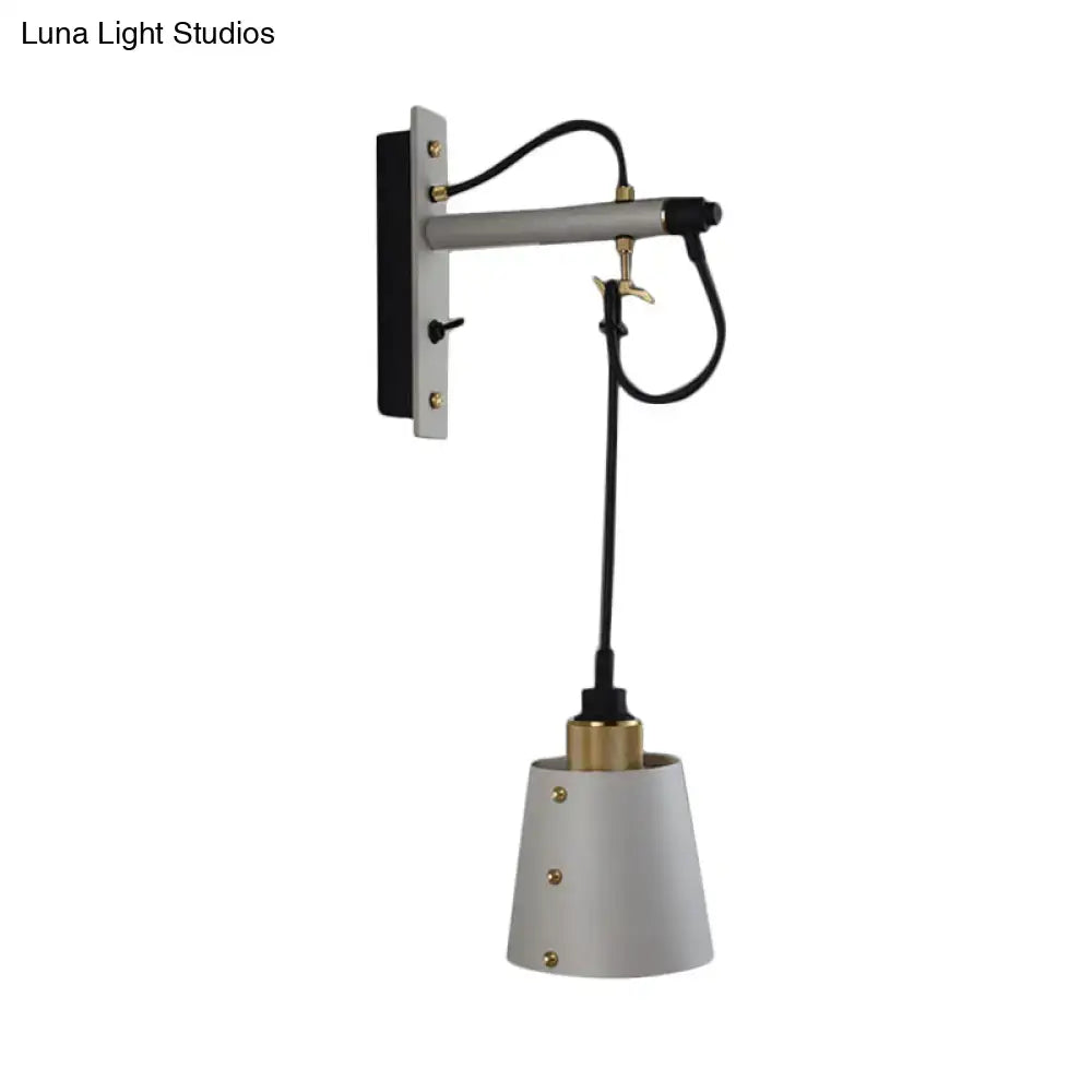 Vintage bell wall lamp with matte gray conical shade, brass accents, black white finish for bedroom use with led incandescent fluorescent bulbs