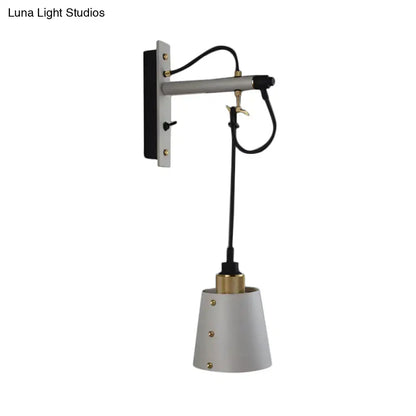 Vintage bell wall lamp with matte gray conical shade, brass accents, black white finish for bedroom use with led incandescent fluorescent bulbs