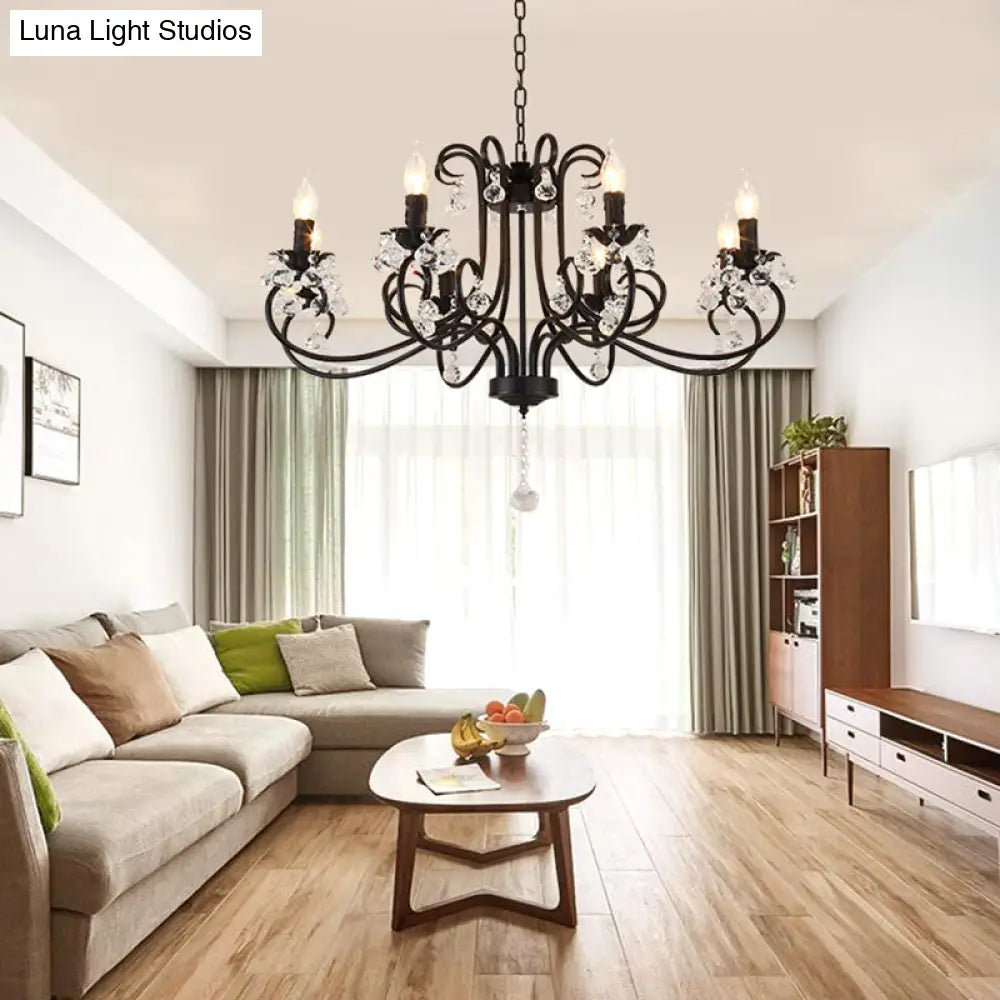 Lámpara de techo vintage con brazo curvo - 6/8 luces negras con colgante de cristal para sala de estar