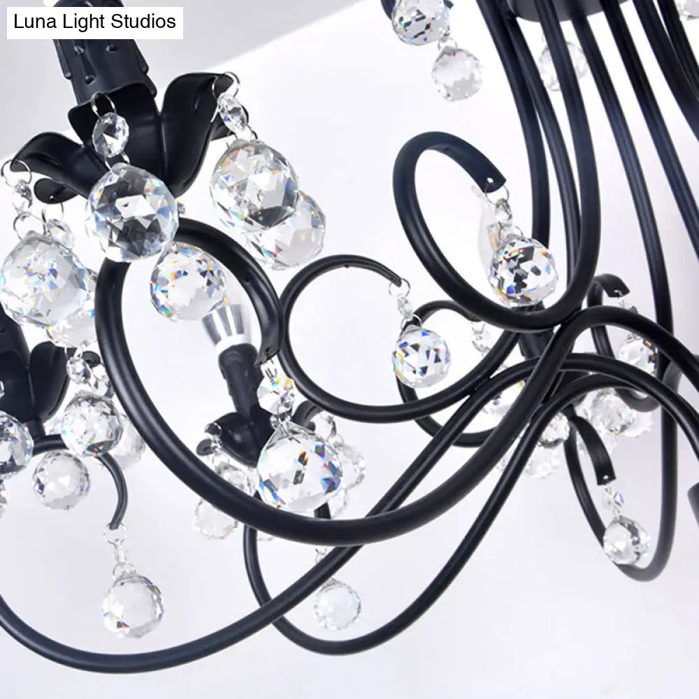 Lámpara de techo vintage con brazo curvo - 6/8 luces negras con colgante de cristal para sala de estar