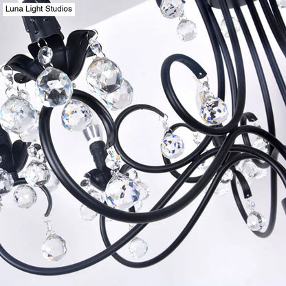 Lámpara de techo vintage con brazo curvo - 6/8 luces negras con colgante de cristal para sala de estar