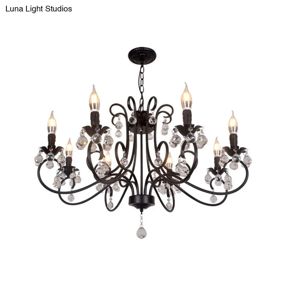 Lámpara de techo vintage con brazo curvo - 6/8 luces negras con colgante de cristal para sala de estar