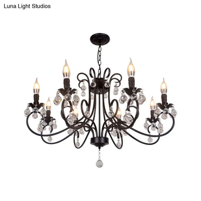 Lámpara de techo vintage con brazo curvo - 6/8 luces negras con colgante de cristal para sala de estar