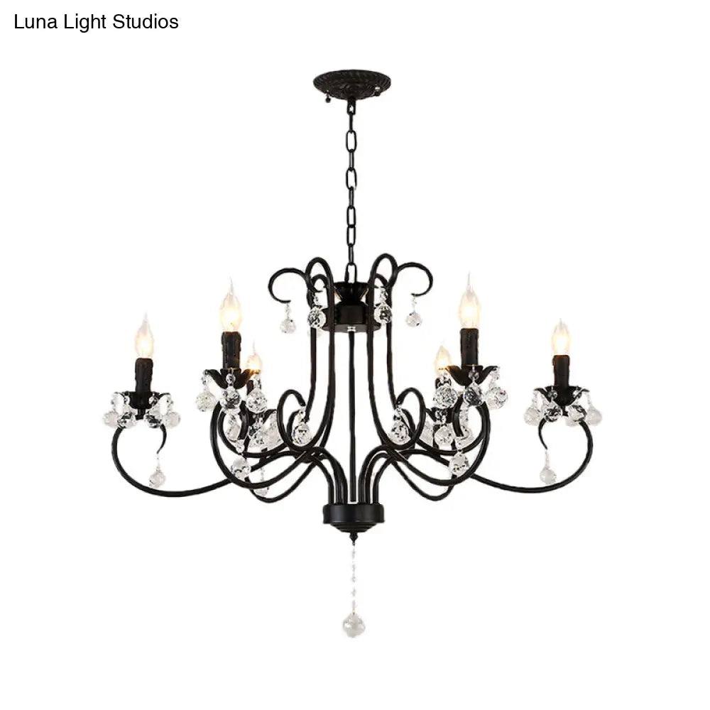 Lámpara de techo vintage con brazo curvo - 6/8 luces negras con colgante de cristal para sala de estar