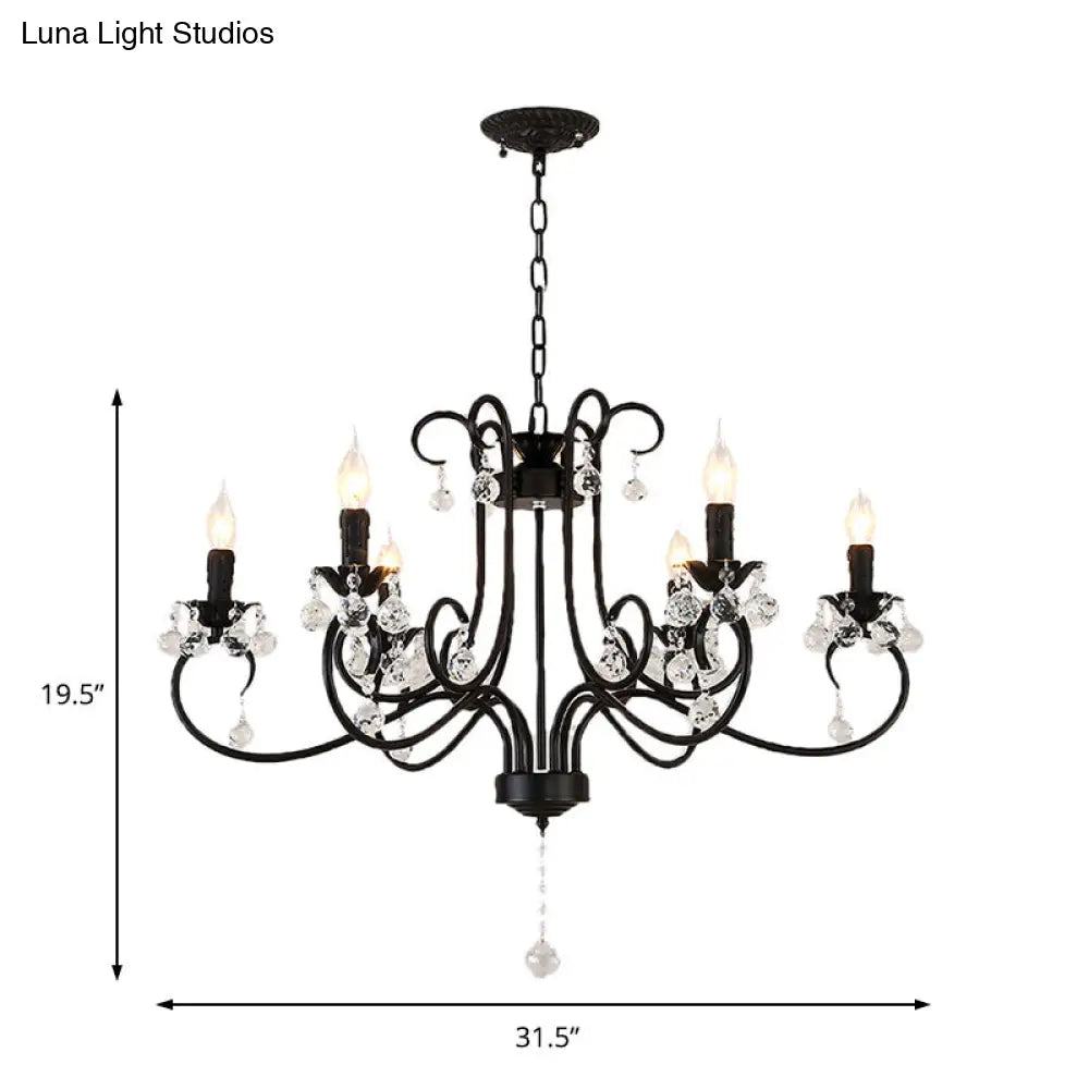 Lámpara de techo vintage con brazo curvo - 6/8 luces negras con colgante de cristal para sala de estar