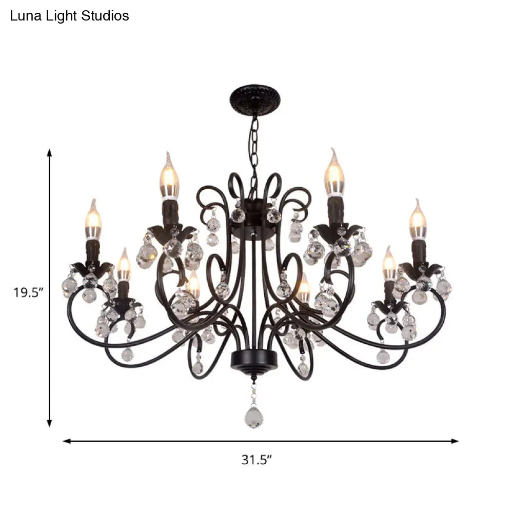 Lámpara de techo vintage con brazo curvo - 6/8 luces negras con colgante de cristal para sala de estar