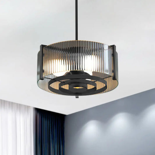 DecorBites™ DecorBites™ Vintage Black 3-Head Semi Flush Mount Ceiling Lamp with Clear Glass Drum and Trellis/Stripe Design