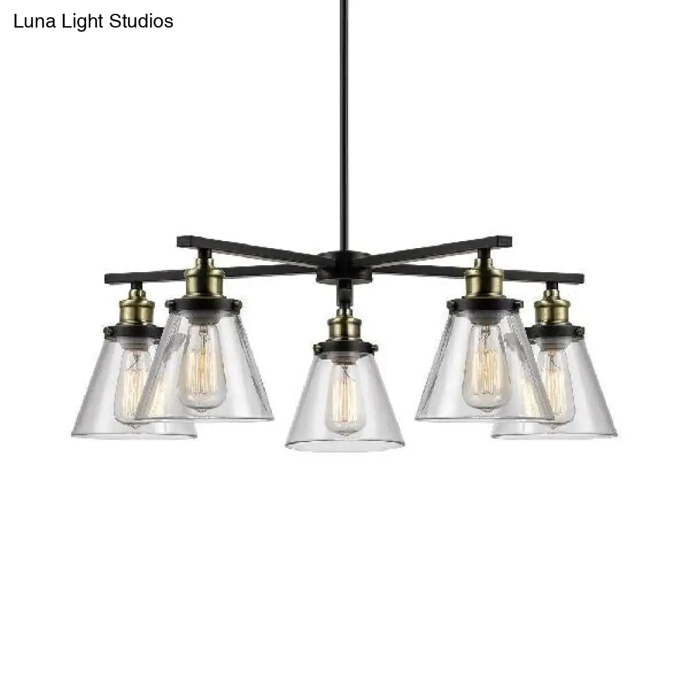 Vintage Black 5-Light Chandelier Pendant with Clear Glass Cone Shades for Dining Room Lighting