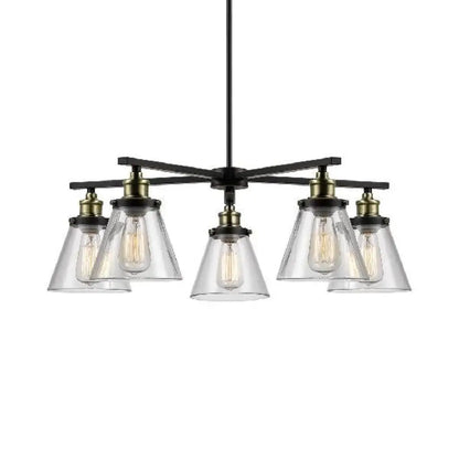Vintage Black 5-Light Chandelier Pendant with Clear Glass Cone Shades for Dining Room Lighting