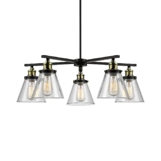 Vintage Black 5-Light Chandelier Pendant with Clear Glass Cone Shades for Dining Room Lighting