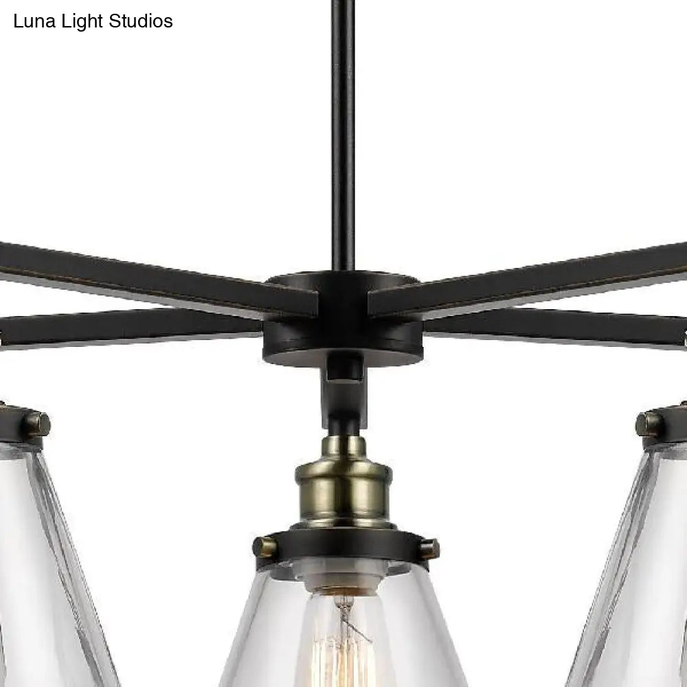 Vintage Black 5-Light Chandelier Pendant with Clear Glass Cone Shades for Dining Room Lighting