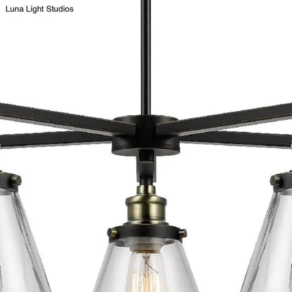 Vintage Black 5-Light Chandelier Pendant with Clear Glass Cone Shades for Dining Room Lighting