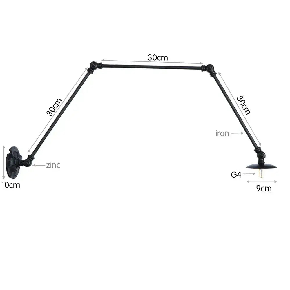 Vintage black adjustable loft wall light in wrought iron with zinc-plated bracket and g4 bulb socket for bedroom use