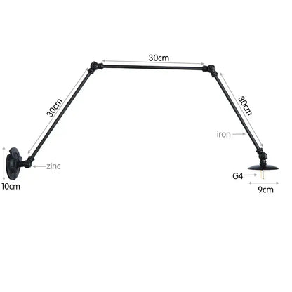 Vintage black adjustable loft wall light in wrought iron with zinc-plated bracket and g4 bulb socket for bedroom use