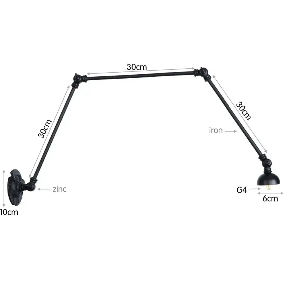 Vintage black adjustable loft wall light made of zinc and iron with articulated arms and g4 bulb holder