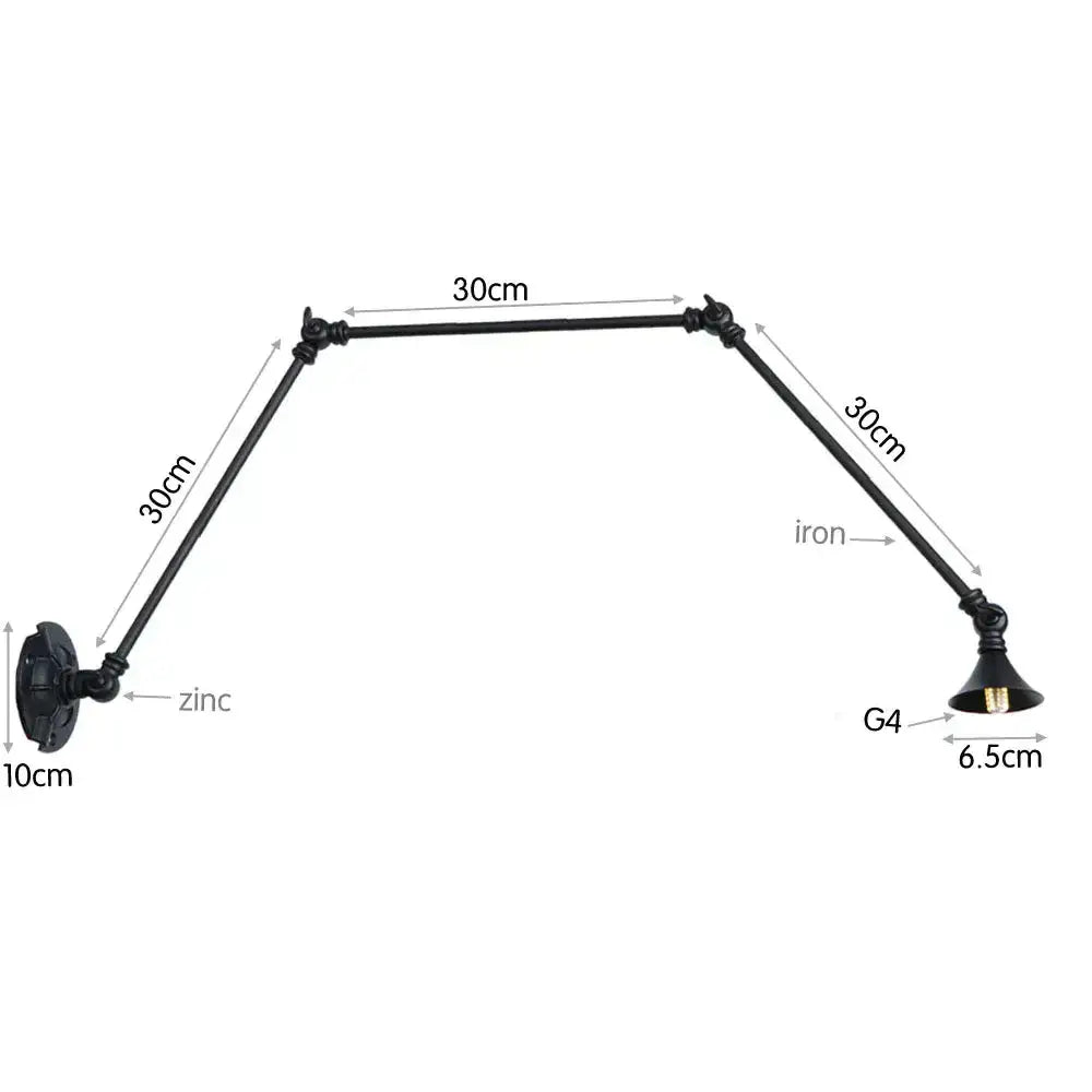 Vintage black adjustable loft wall light with articulated iron arms and zinc mounting plate for bedroom use