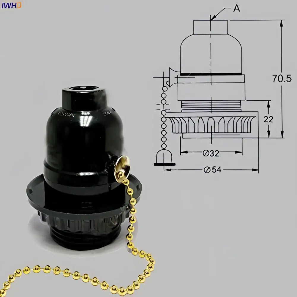Vintage black plastic e27 bulb holder with gold-colored ball chain pull switch for bedroom light