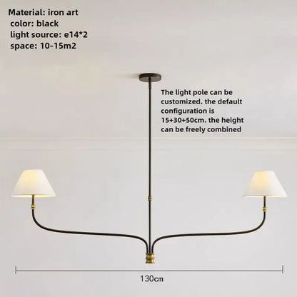 Vintage black and gold iron finish cloth shade pendant light chandelier with two white lampshades for dining room