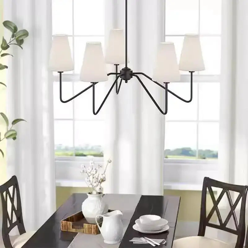 Vintage black and gold iron finish pendant light with six off-white cloth shade lampshades for dining room use