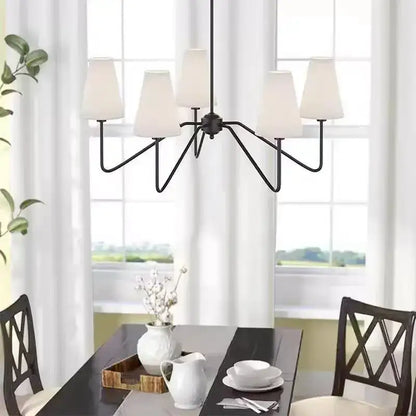 Vintage black and gold iron finish pendant light with six off-white cloth shade lampshades for dining room use